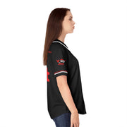 A woman wearing a baseball jersey 