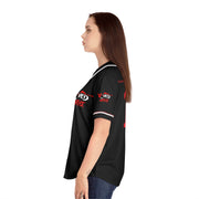 A woman wearing a baseball jersey 