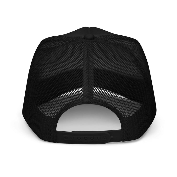 Back view of black Sour Apple Foam Trucker Hat with adjustable snap closure and breathable mesh design.