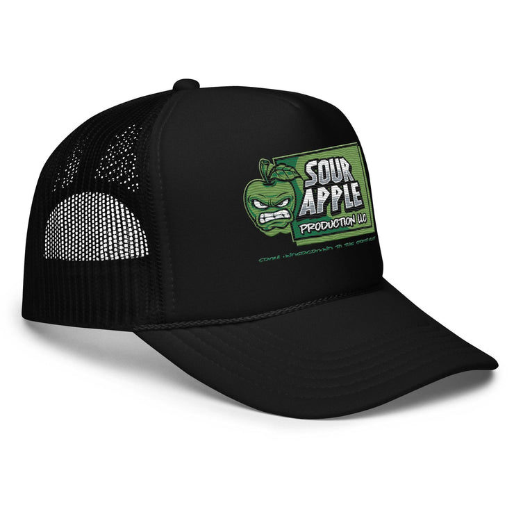 Side view of black Sour Apple Foam Trucker Hat with green apple logo, showcasing its curved brim and mesh panels.