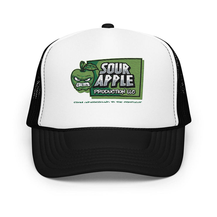 Front view of white and black Sour Apple Foam Trucker Hat with green apple logo, offering a versatile and classic design.