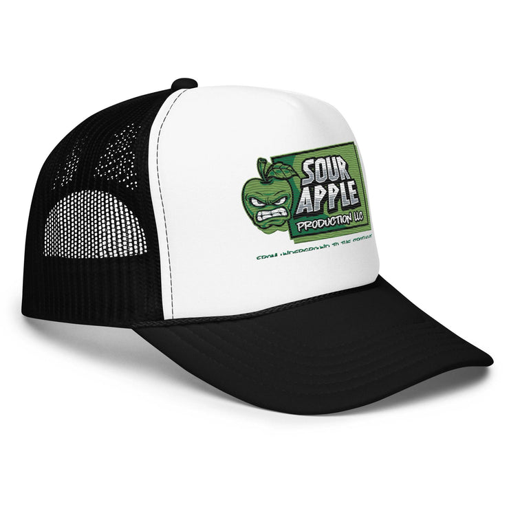 Side view of white and black Sour Apple Foam Trucker Hat with green apple logo, ideal for casual and athletic wear.