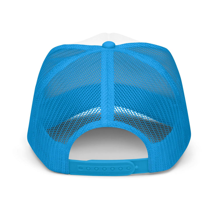 Back view of white and blue Sour Apple Foam Trucker Hat with adjustable snap closure and breathable mesh design.