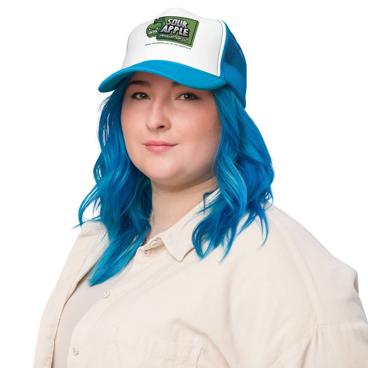 White and blue Sour Apple Foam Trucker Hat with green apple logo, combining vibrant colors for a sporty look.