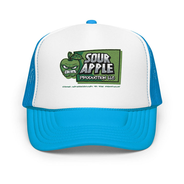 Front view of white and blue Sour Apple Foam Trucker Hat with green apple logo, perfect for sports fans and casual outings.