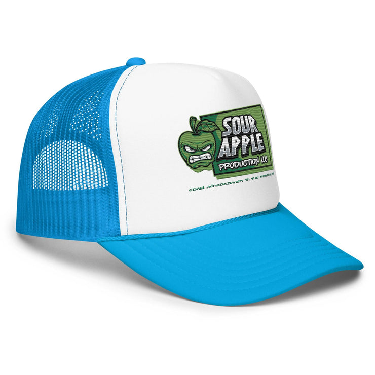 Side view of white and blue Sour Apple Foam Trucker Hat with green apple logo, blending vibrant colors for a sporty look.