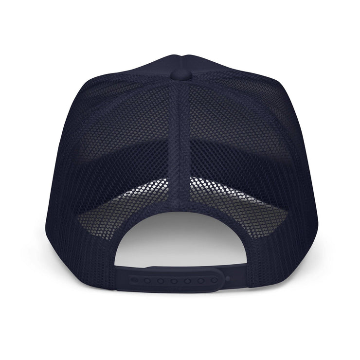 Back view of navy Sour Apple Foam Trucker Hat with adjustable snap closure and breathable mesh for comfort.