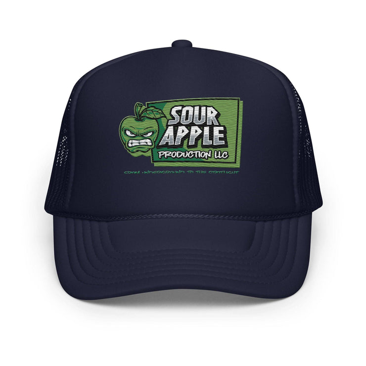 Navy Sour Apple Foam Trucker Hat with green apple logo, featuring a bold design for athleisure and casual wear.