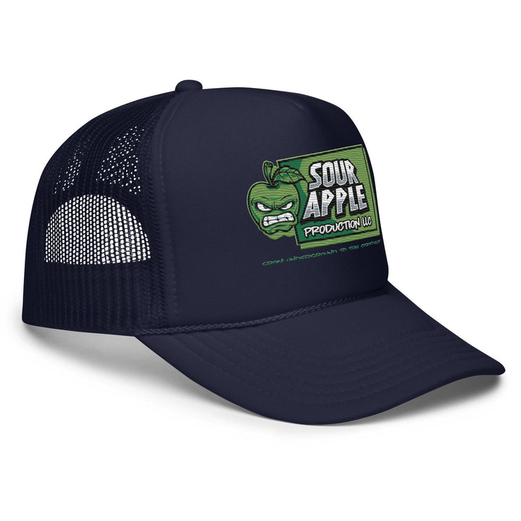 Side view of navy Sour Apple Foam Trucker Hat with green apple logo, highlighting its sporty and casual appeal.