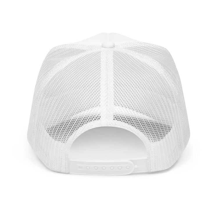 Back view of white Sour Apple Foam Trucker Hat with adjustable snap closure and breathable mesh for comfort.