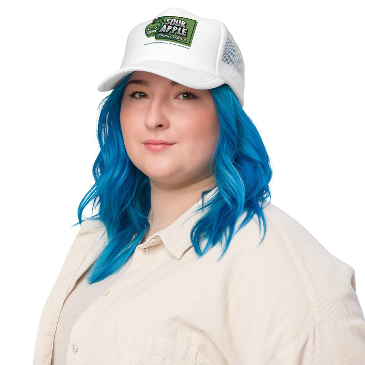 White Sour Apple Foam Trucker Hat with green apple logo, offering a clean and minimalist design for athleisure style.