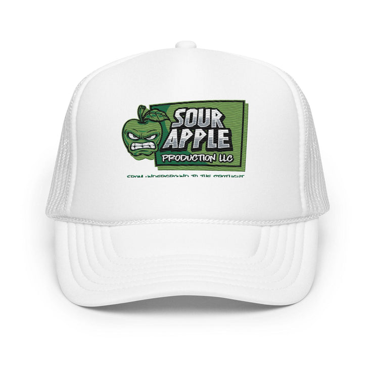 Front view of white Sour Apple Foam Trucker Hat with green apple logo, offering a clean and minimalist design for casual wear.