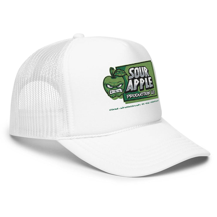 Side view of white Sour Apple Foam Trucker Hat with green apple logo, ideal for athleisure and casual fashion.