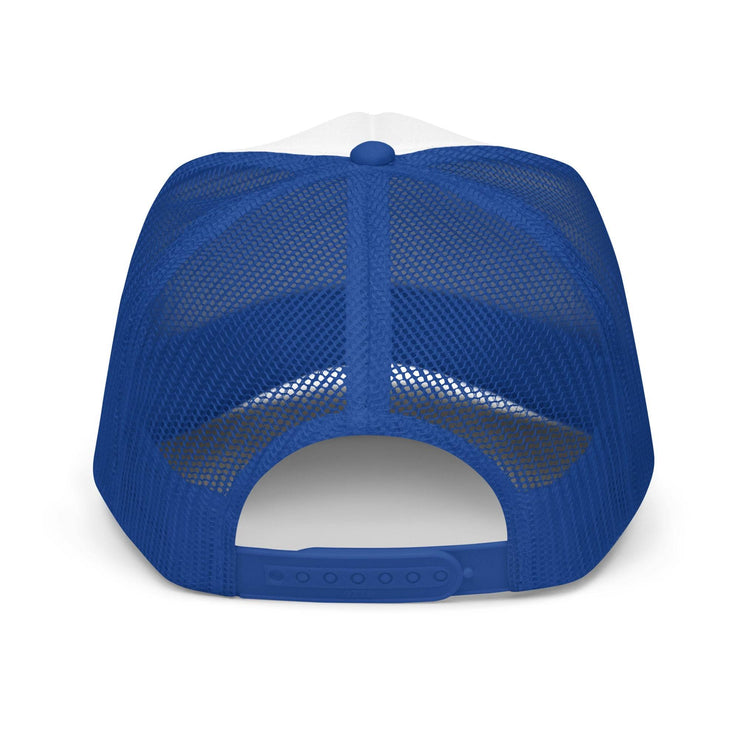 Back view of white, red, and blue Sour Apple Foam Trucker Hat with adjustable snap closure and breathable mesh design.