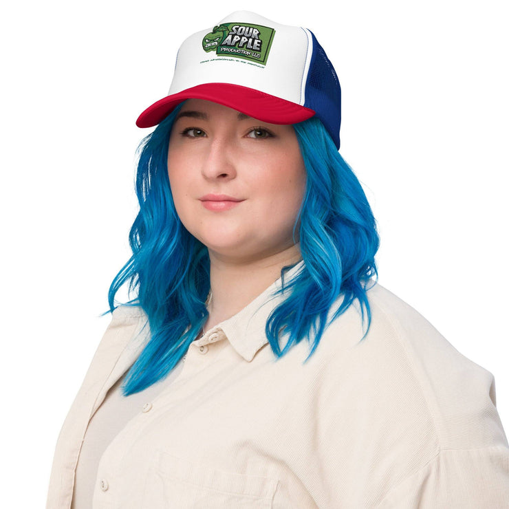 White, red, and blue Sour Apple Foam Trucker Hat with green apple logo, featuring a patriotic color scheme for sports fans.