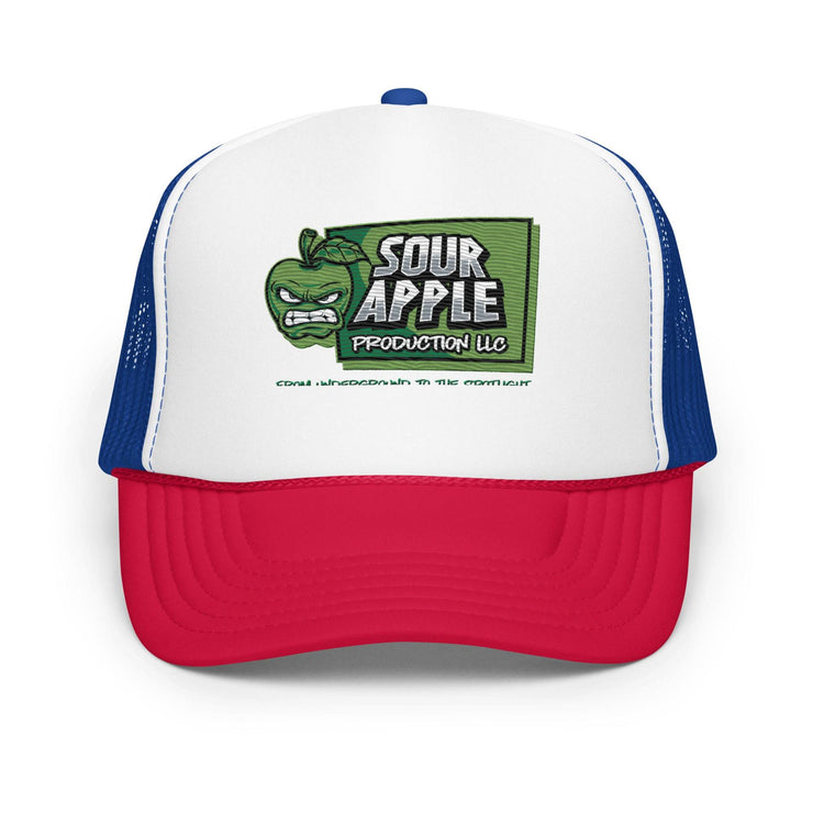 Front view of white, red, and blue Sour Apple Foam Trucker Hat with green apple logo, featuring a patriotic color scheme.