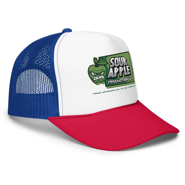 Side view of white, red, and blue Sour Apple Foam Trucker Hat with green apple logo, perfect for sports fans and casual outings.