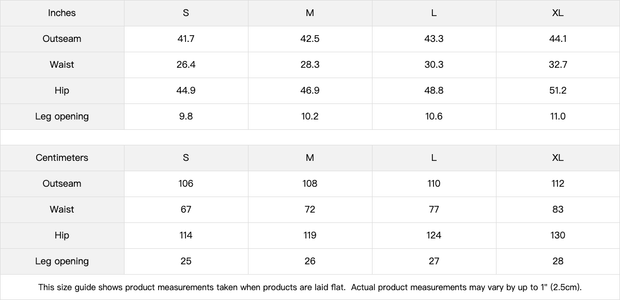 Size guide for Viv'ed the Artist Men's Athleisure Wear Sun Faded Heavyweight Sweatpant showing measurements in inches and centimeters for S to XL.