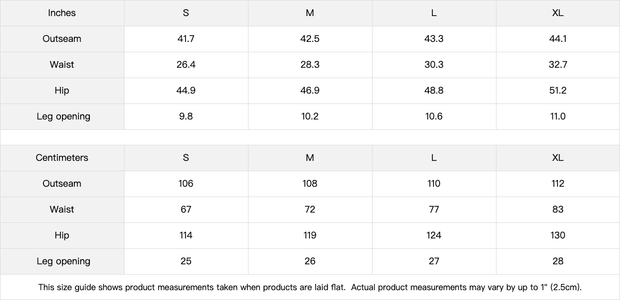 Size guide for Viv'ed the Artist Women's Athleisure Wear Sun-Faded Heavyweight Sweatpant showing measurements in inches and centimeters for S to XL.