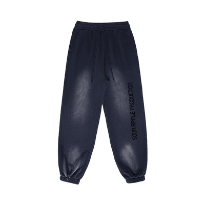 Navy blue Sour Apple men's heavyweight athleisure sweatpants with a sun faded effect and elastic cuffs, featuring a relaxed fit and side branding.