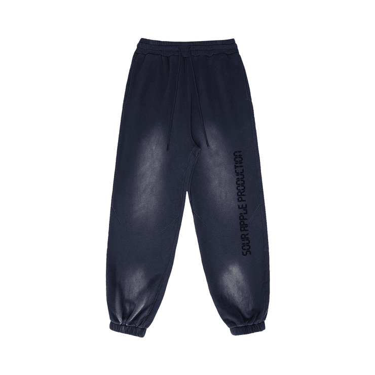 Navy blue Sour Apple men's heavyweight athleisure sweatpants with a sun faded effect and elastic cuffs, featuring a relaxed fit and side branding.