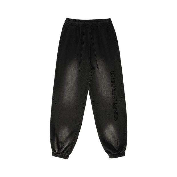 Black Sour Apple men's heavyweight athleisure sweatpants with a sun faded finish, relaxed fit, and elastic waistband for a lived in streetwear vibe.
