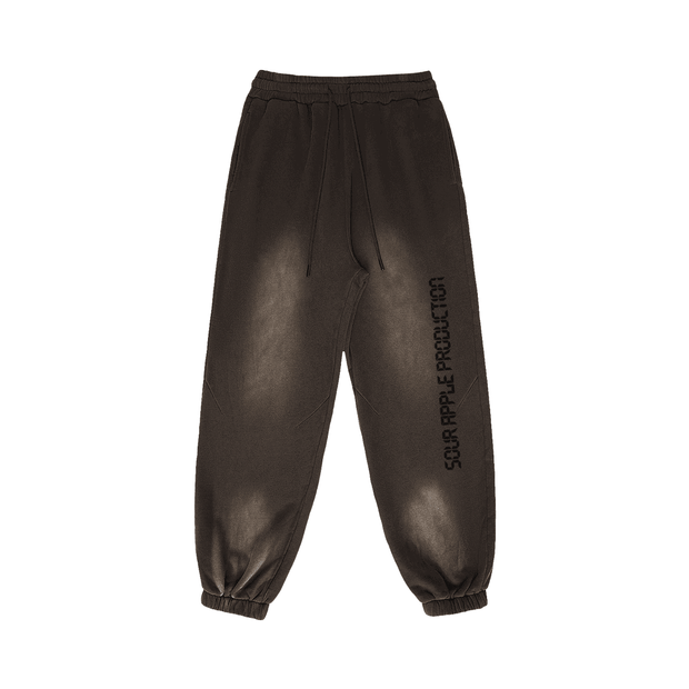 Brown Sour Apple men's heavyweight athleisure sweatpants with a vintage sun faded look, featuring elastic cuffs and bold side branding.